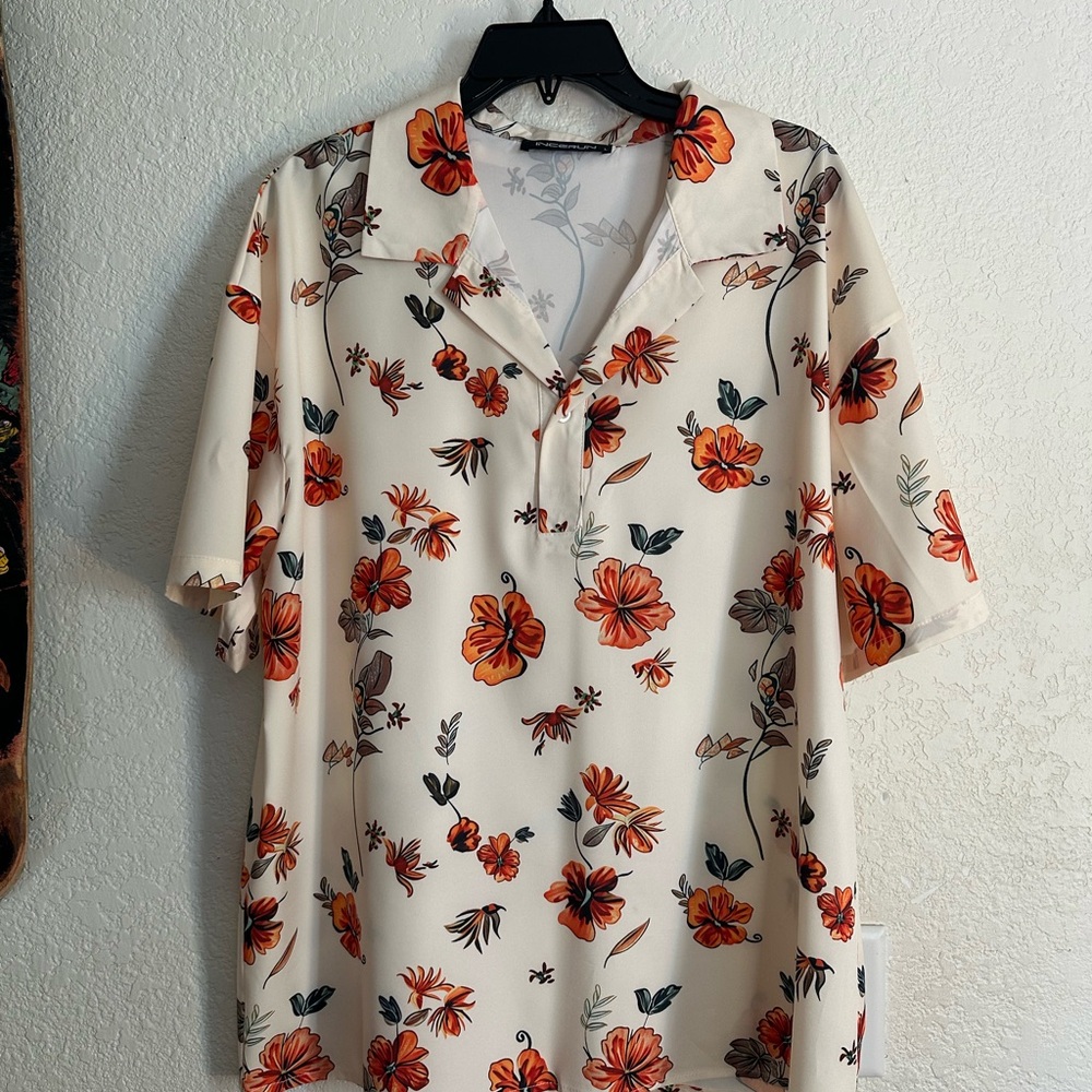 Floral Print Polo Shirt - Cream and Orange